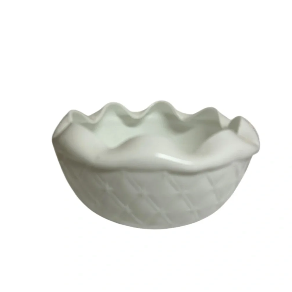 Vintage Indiana Milk Glass Duette Rose Bowl Diamond Quilt Crimped Ruffle Edge